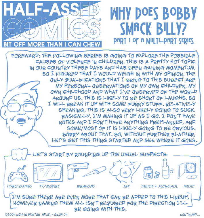 "Why Does Bobby Smack Billy" Part 1 of a multi-part series (psst... nope). A look at possible causes of violence in children. Meh.